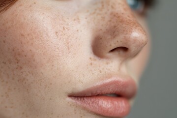 Fototapeta premium Closeup of a young woman with clean skin and freckles highlighting her natural beauty against a soft background