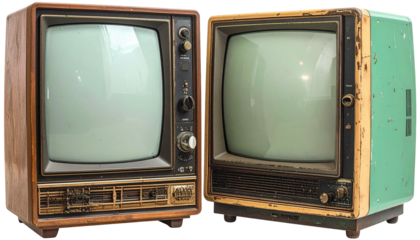Two vintage televisions side-by-side, worn, with blank screens