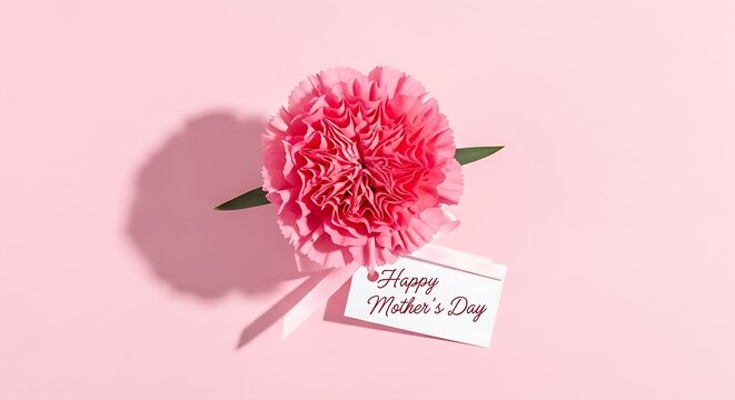 A beautiful pink carnation with a tag wishing a Happy Mother's Day, set against a soft pink background, perfect for expressing love and appreciation