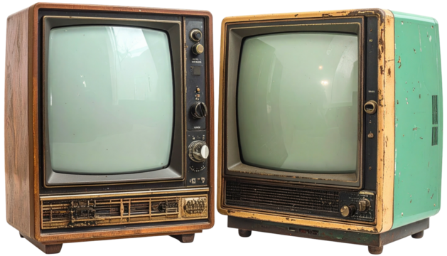 Two vintage televisions side-by-side, worn, with blank screens