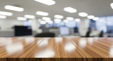Obraz premium A polished wooden surface reflecting light, suitable for product placement in an office or workspace with blurred background lights