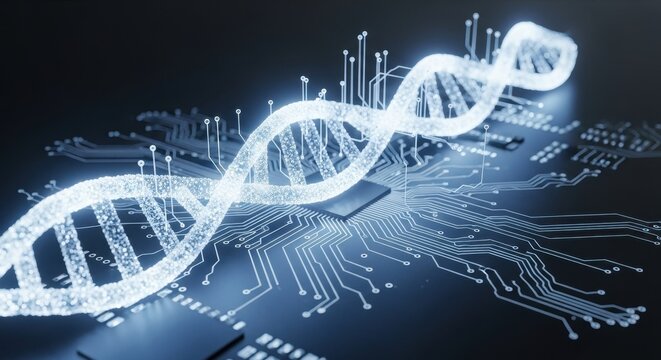 Digital dna helix on a microchip, representing advanced technology concept