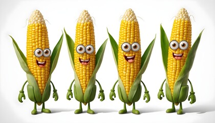 Funny cartoon corn characters standing together with happy faces and green husks, cheerful maize mascots isolated on white background, 3D illustration
