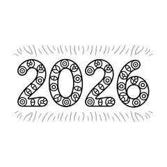 Decorative black and white number 2026 with swirl patterns and subtle background effect