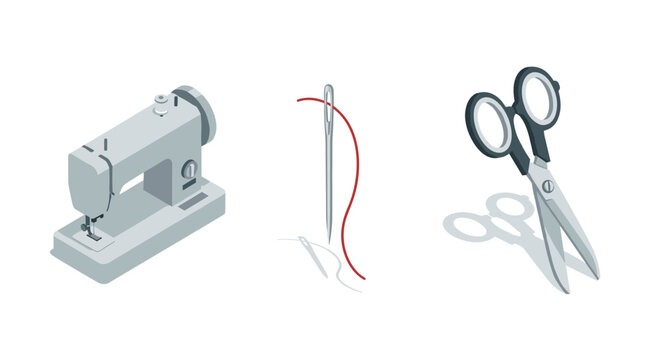 Sewing tools in isometric style machine, needle, scissors for crafting projects