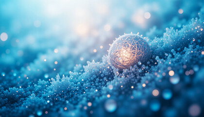 Magical glowing orb nestled in frosty blue branches with soft bokeh lights