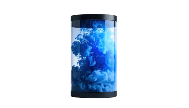 Cylinder shows swirls of blue dye in water against black