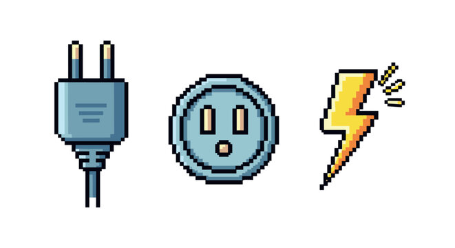 Pixel art electrical symbols plug, outlet, lightning bolt