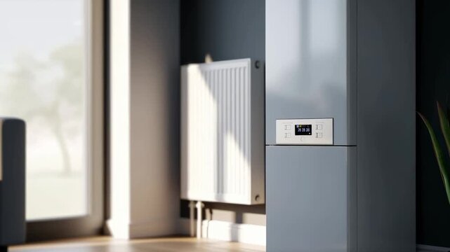 Modern home heating system with boiler unit and radiator in a living room, energy efficiency concept footage.