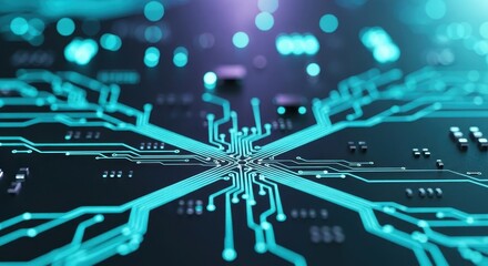 Close up of illuminated circuit board, representing technology and computing