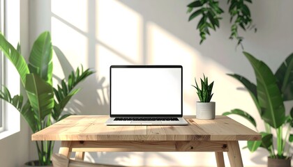 Fototapeta premium Modern laptop mockup on wooden desk with blank screen, perfect for your digital workspace