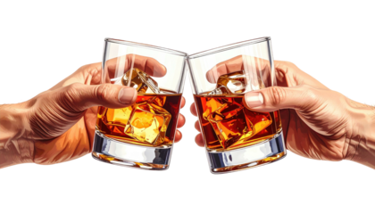 Two hands clinking glasses with amber liquid and ice on black