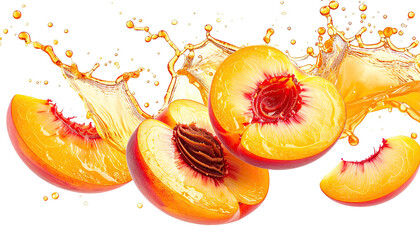 Sliced peaches with juice splashing; black background