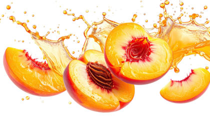 Sliced peaches with juice splashing; black background