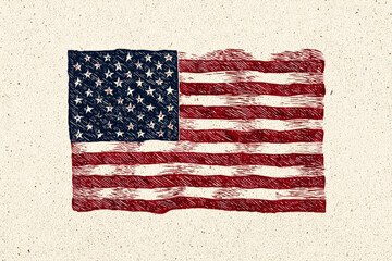 Vintage illustration of a textured American flag with detailed stars and stripes design