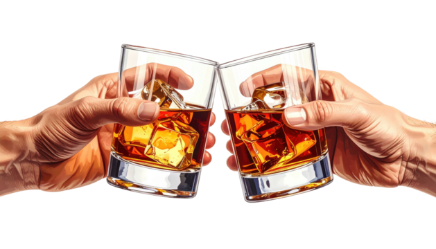 Two hands clinking glasses with amber liquid and ice on black