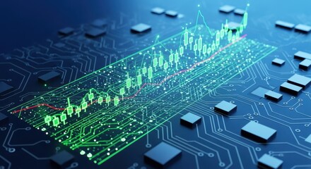 Financial chart with rising graph on a circuit board with microchips