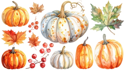 Watercolor pumpkins, leaves, and berries fall arrangement
