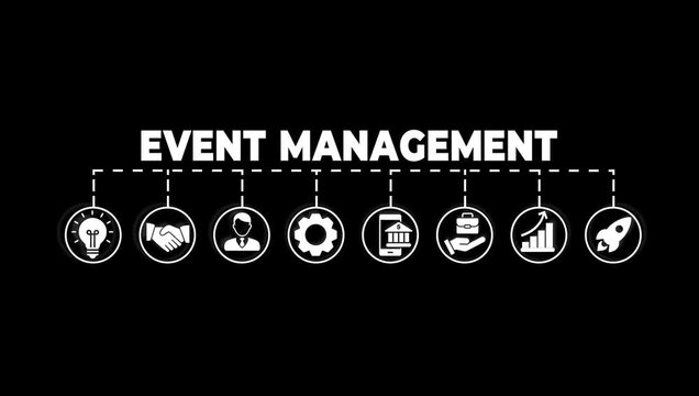 Event management icon video . event, management, target, budgeting, scheduling, logistics, location, marketing, infographic, template, presentation, concept, banner, icon set