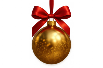 Golden christmas bauble hanging with red ribbon bow, celebrating festive holidays and new year season on transparent background