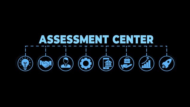 Assessment Center icon video. assessment, center, candidate, recruit, competence, suitability, aptitudes, personality, test, infographic, template, concept, banner, icon set,