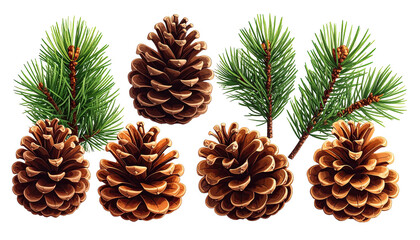 Pinecones and needles cluster on a black background, detailed