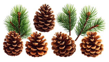 Pinecones and needles cluster on a black background, detailed