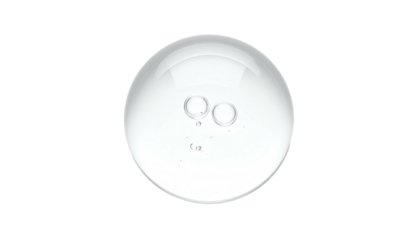 Clear liquid drop containing small bubbles, on black background