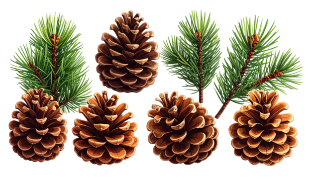 Pinecones and needles cluster on a black background, detailed