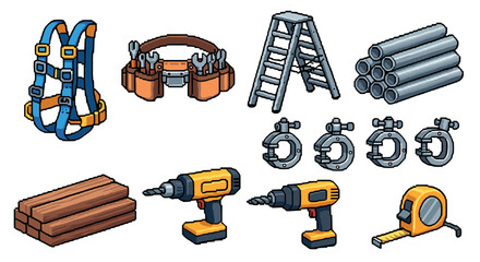 Retro pixel art construction tools and equipment set for builders