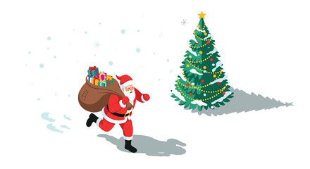 Isometric santa delivering gifts near decorated christmas tree in winter scene