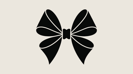 A symmetrical black bow with white outlines on a cream colored background in a simple graphic design