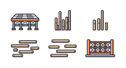 Construction elements set with wooden beams and scaffolding in linear style