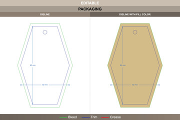 Custom dimensions hexagonal hang tags dieline shaped through vector control refining printing sharpness packaging form die line pattern builds even six-sided geometric tag