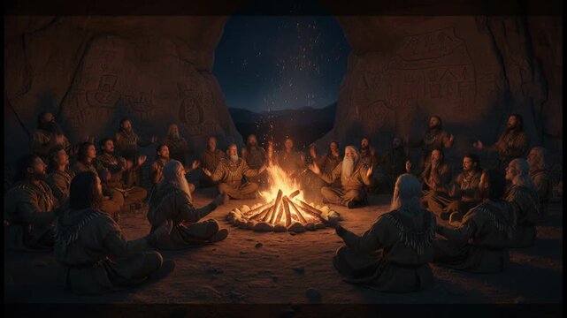 ancient people, Fire Circle at Night &ndash; A tribe gathers around a crackling fire, shadows dancing on cave walls as elders tell stories of creation.