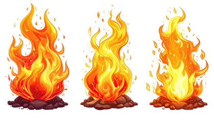 Three cartoonish bright orange fire sprites over dark ground