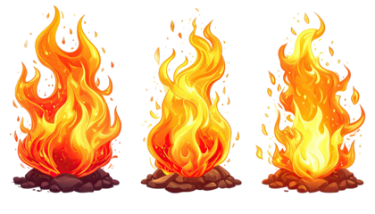 Three cartoonish bright orange fire sprites over dark ground