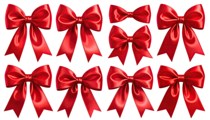 Eight shiny red satin bows, arranged in a rectangular pattern