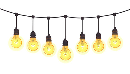 String of seven glowing, cartoonish lightbulbs against black