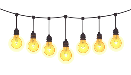 String of seven glowing, cartoonish lightbulbs against black