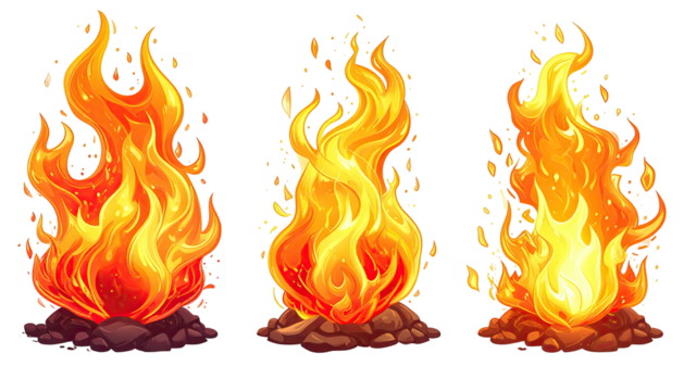 Three cartoonish bright orange fire sprites over dark ground