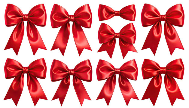 Eight shiny red satin bows, arranged in a rectangular pattern