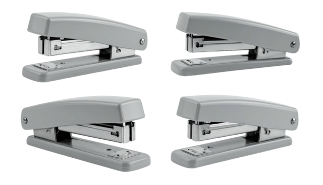 Four gray staplers, each at a different angle, on black
