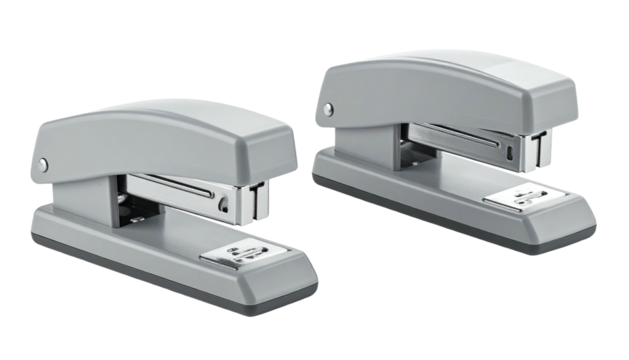 Two grey staplers resting on a black surface, close together