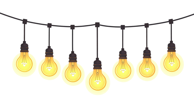 String of seven glowing, cartoonish lightbulbs against black