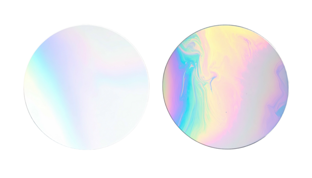 Two iridescent circles, one smooth, one swirled on black