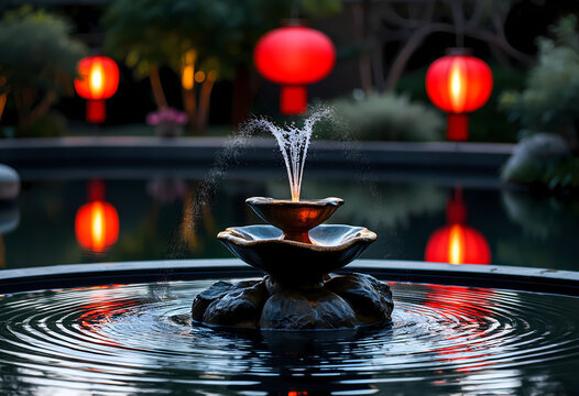 Tiered water fountain and red lanterns