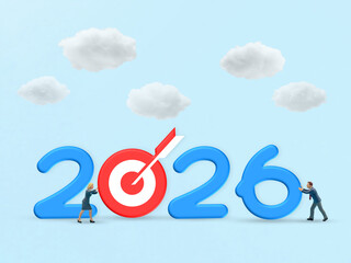 Pushing Toward Shared Goals in 2026 with Team Effort, Miniature people push 2026 digits toward target in sky of ambition