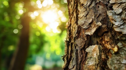 Fototapeta premium Tree bark texture with sun illuminating forest background