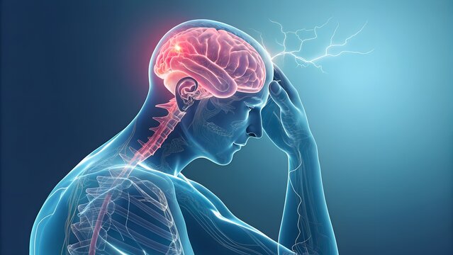 Experiencing intense headache with radiating pain in human brain with nervous system illustration for medical research and mental health awareness
